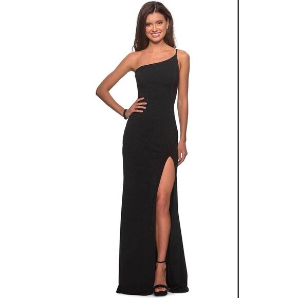 La Femme 28176 Slinky Vamp One Shoulder Stretch Jersey Evening Gown Black 6 NWT - Picture 2 of 6